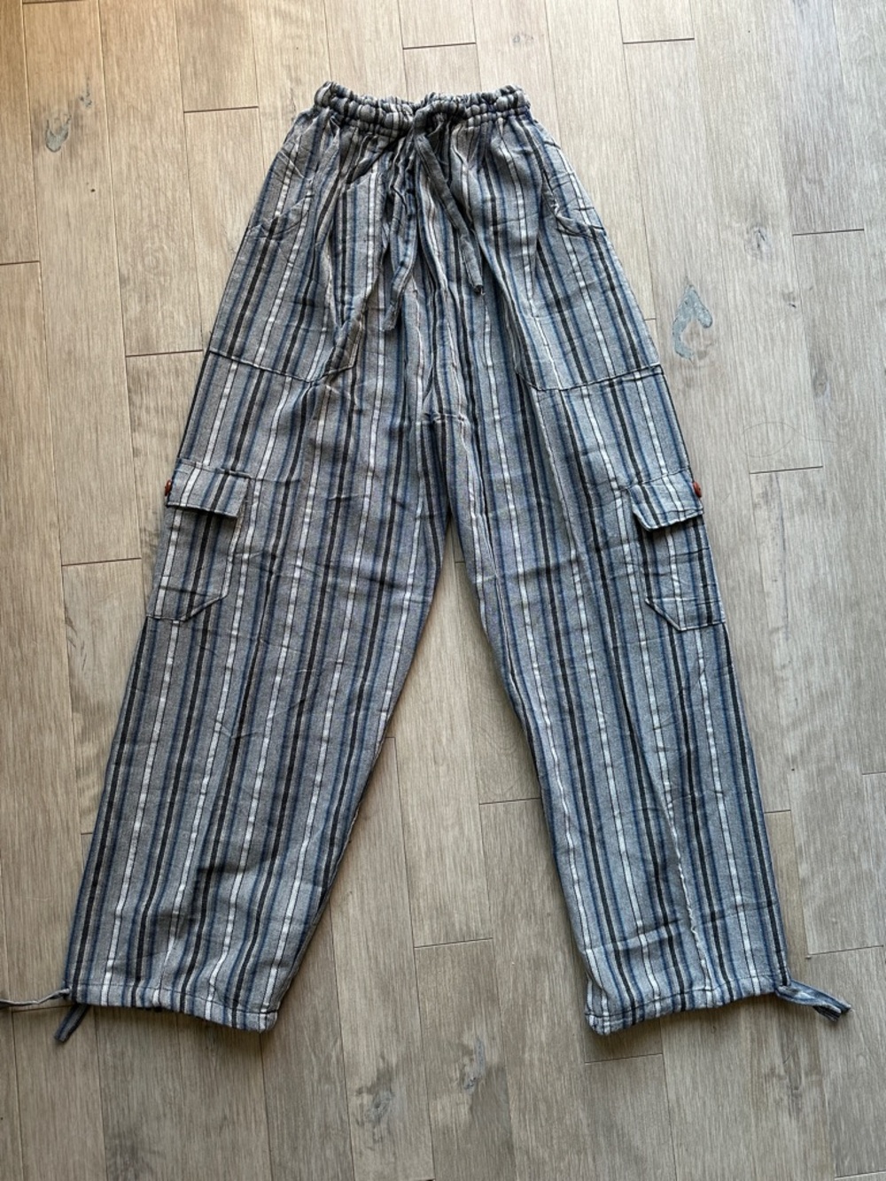 Peru/Ecuador Handmade Cotton Gray Blue Unisex Boho Striped Pants Joggers Large - Picture 4 of 6